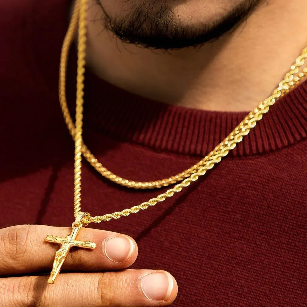💫 Men Gold Crucifix Cross Necklace 18K Plated Cross Pendant Rope Chain Jewelry
